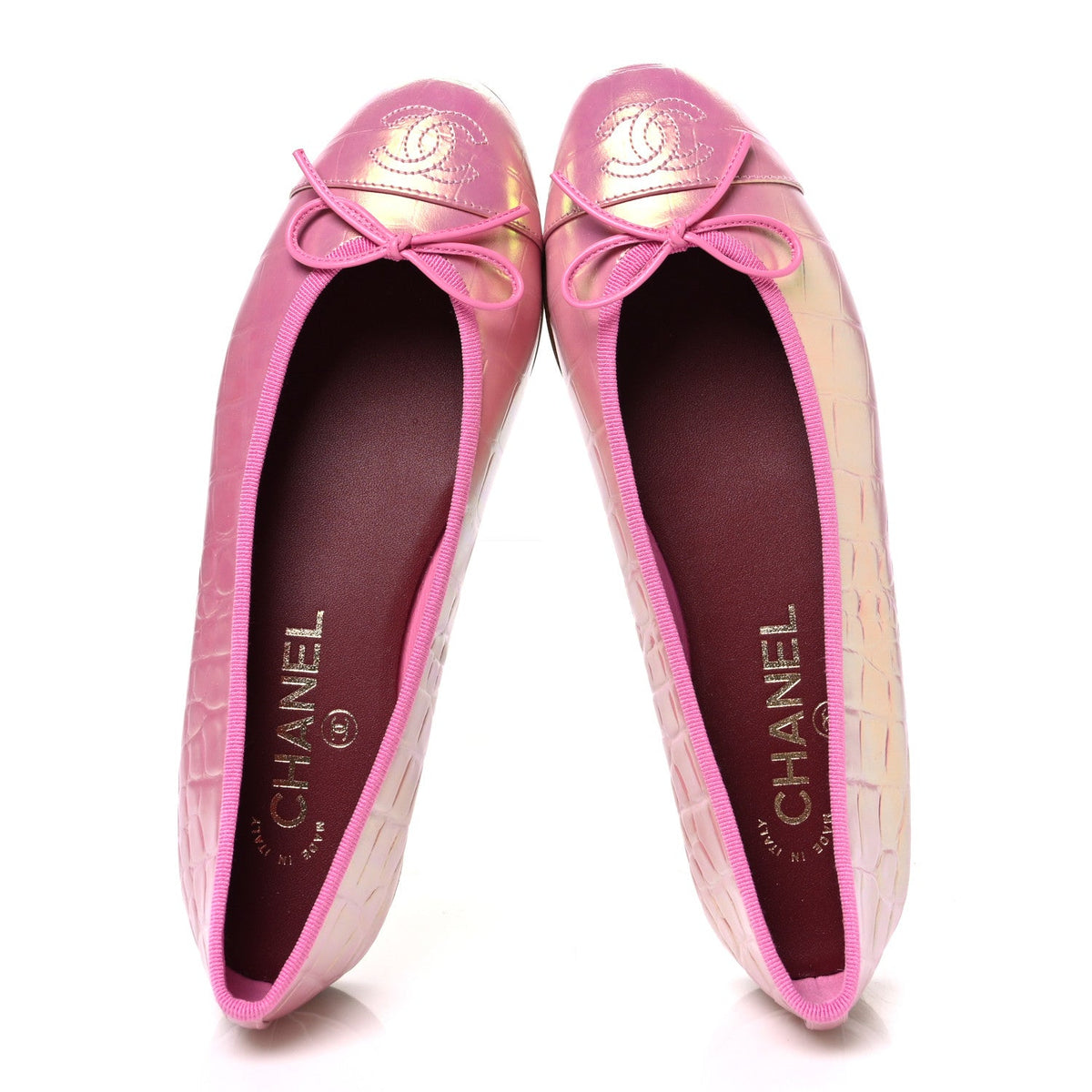 Iridescent Calfskin Crocodile Embossed Ballerina Flats 36.5 Pink