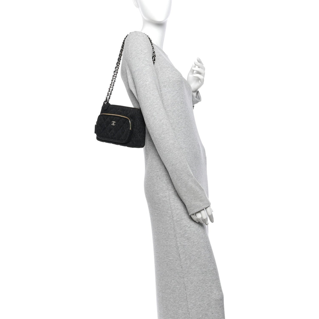 Denim Quilted Small Preppy Pocket Clutch With Chain  Black
