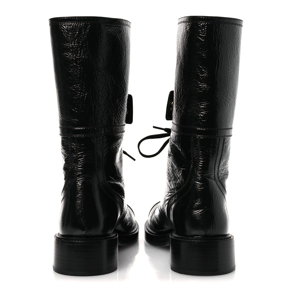 Shiny Calfskin Lace Up Combat Boots 38.5 Black
