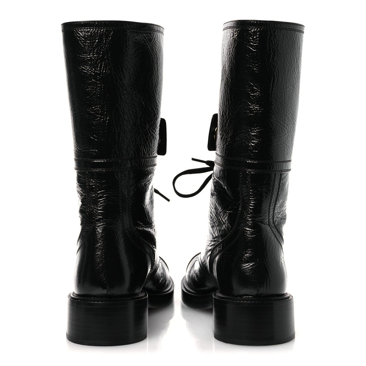 Shiny Calfskin Lace Up Combat Boots 38.5 Black