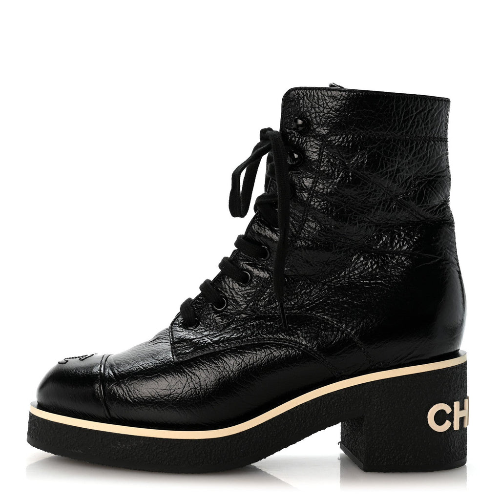 Shiny Crumpled Lambskin Lace Up Combat Boots 38 Black