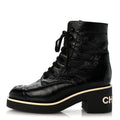 Shiny Crumpled Lambskin Lace Up Combat Boots 38 Black