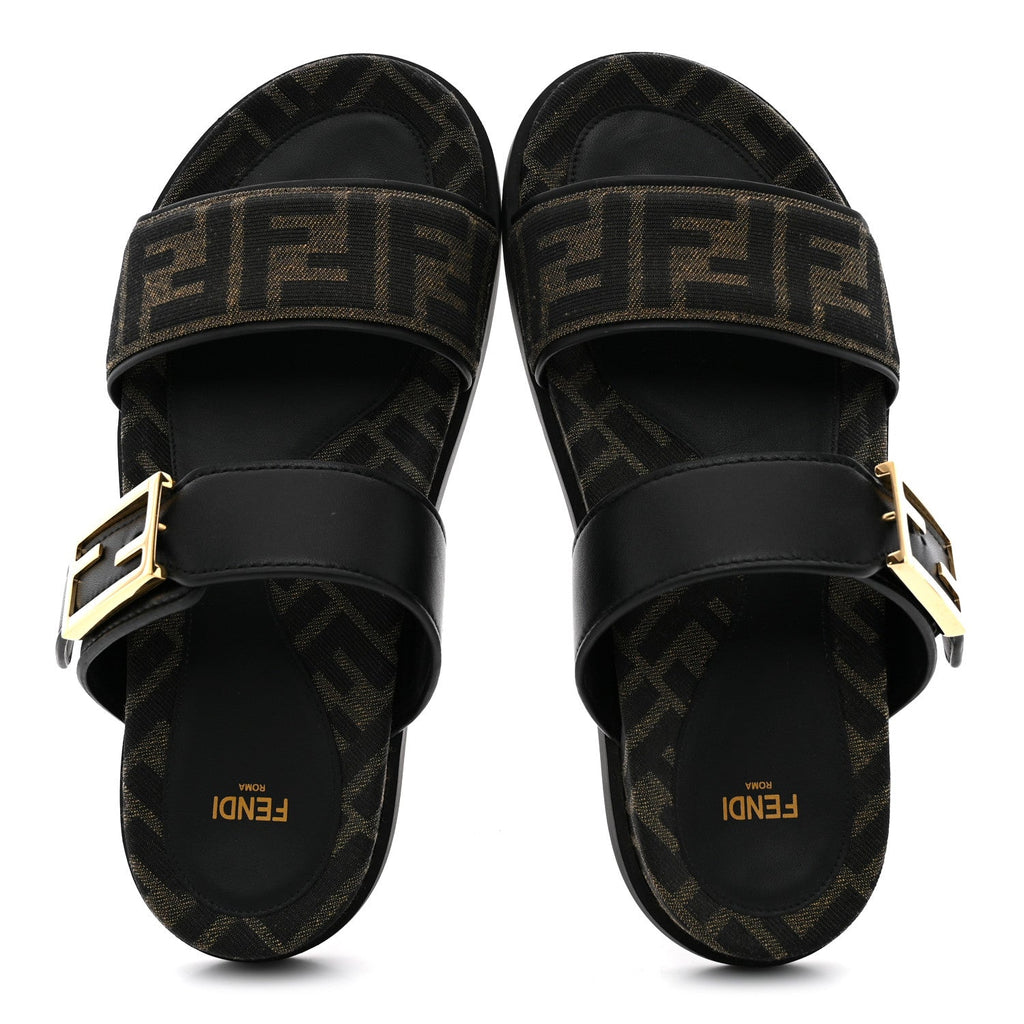 Fabric Jacquard Nappa FF Womens Fendi Feel Buckled Slide Sandals 37 Tobacco Black