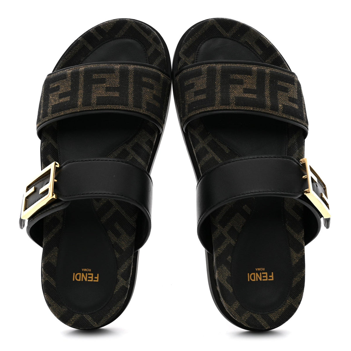 Fabric Jacquard Nappa FF Womens Fendi Feel Buckled Slide Sandals 37 Tobacco Black