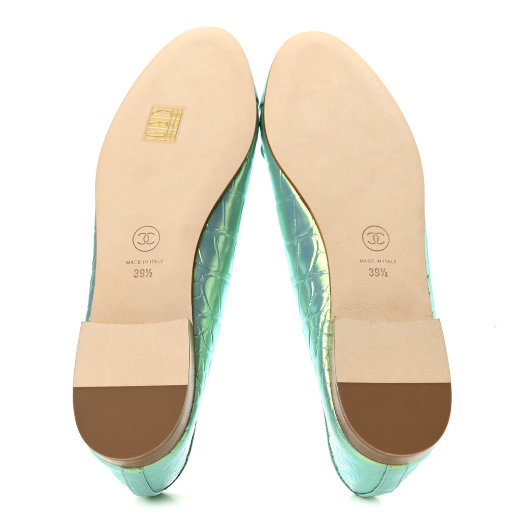 Iridescent Calfskin Crocodile Embossed Ballerina Flats 39.5 Green