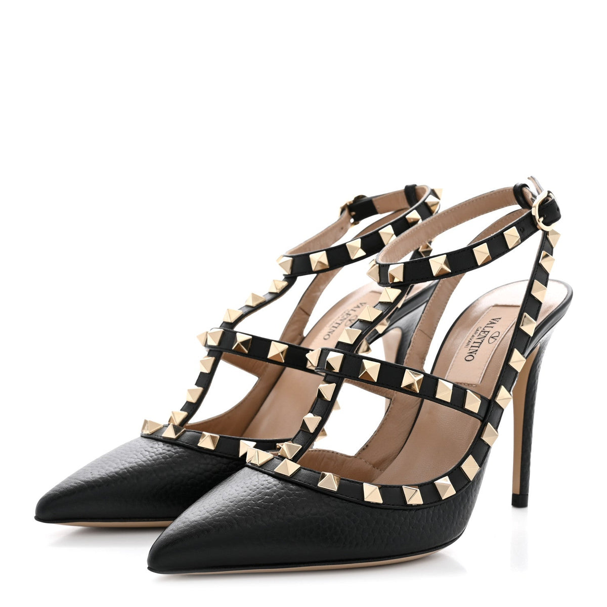 Pebbled Calfskin Rockstud Ankle Strap 100mm Pumps 36 Black