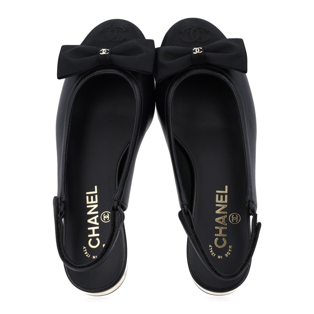 Lambskin Grosgrain Bow Cap Toe CC Slingback Flats 37.5 Black
