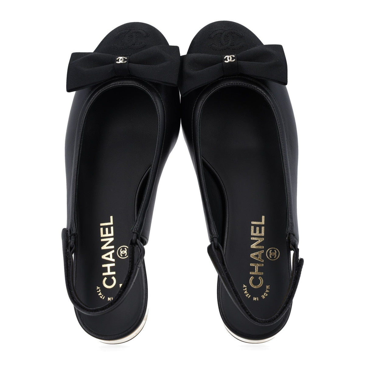 Lambskin Grosgrain Bow Cap Toe CC Slingback Flats 37.5 Black