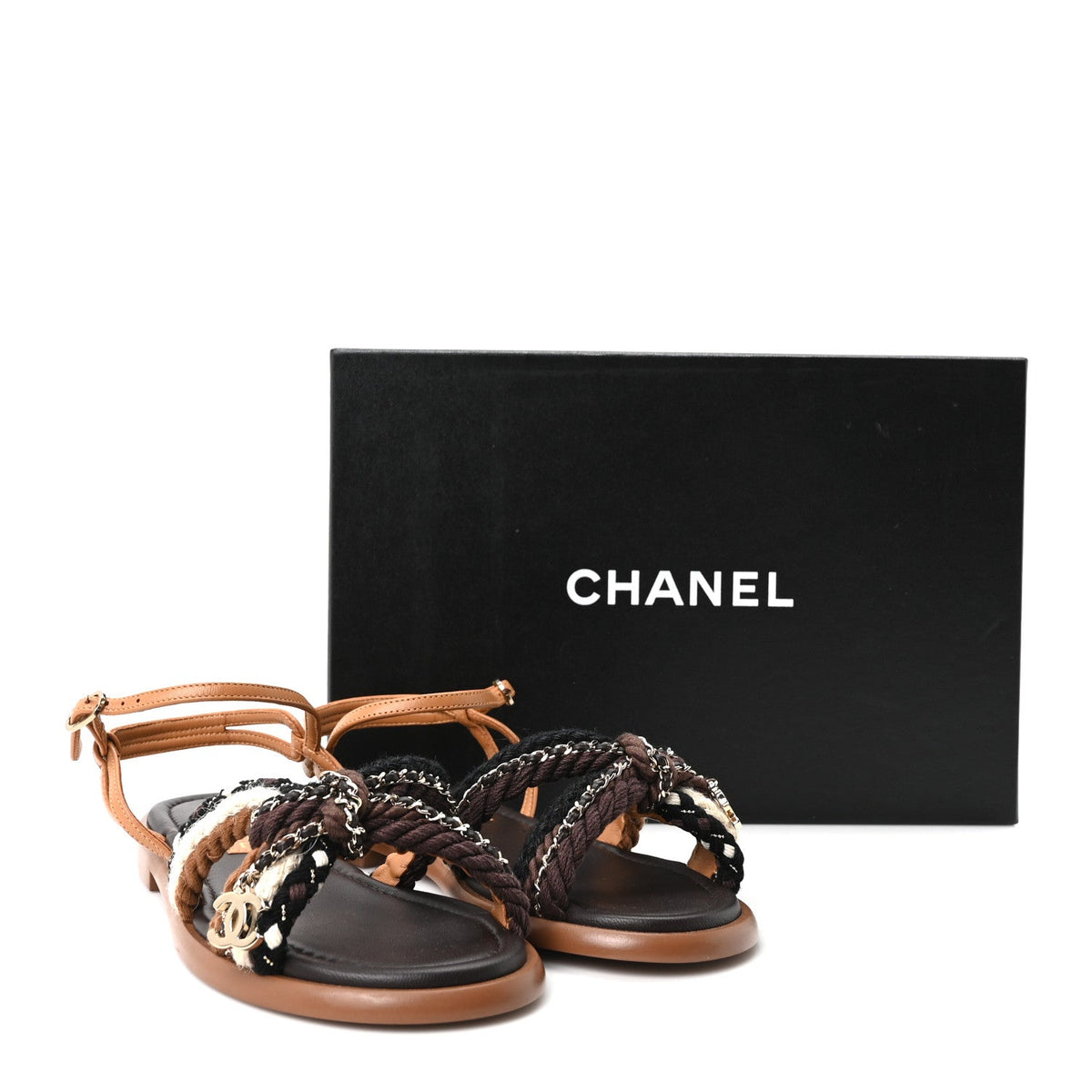 Lambskin Cord Chain CC Sandals 37 Brown Black Ivory