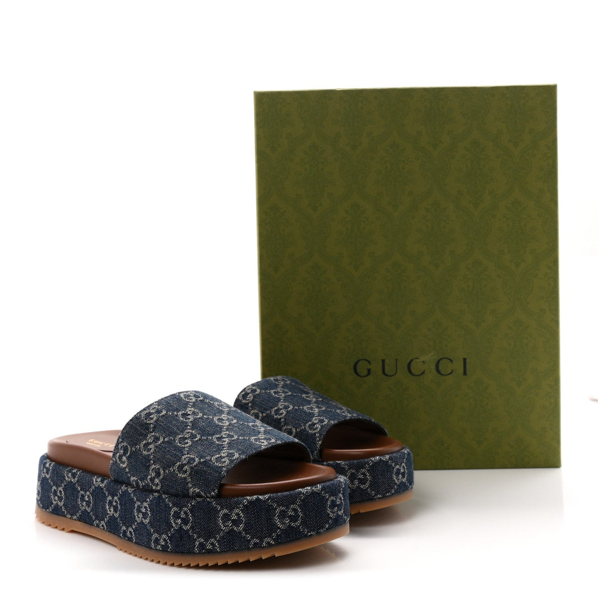 New Denim GG Monogram Angelina Platform 55mm Slide Sandals 40.5 Blue Tea