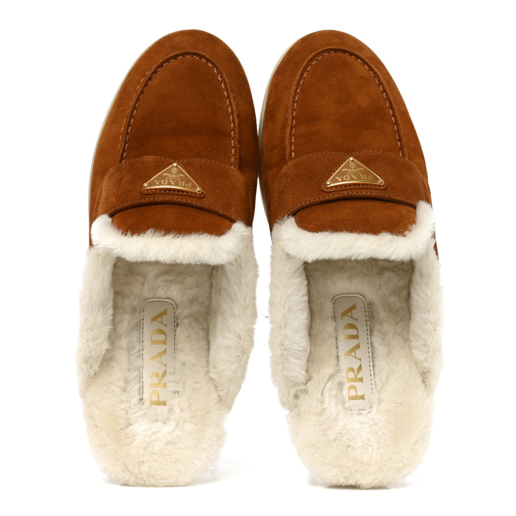 Vitello Scamosciato Triangle Logo Loafer Mules 36 Cognac