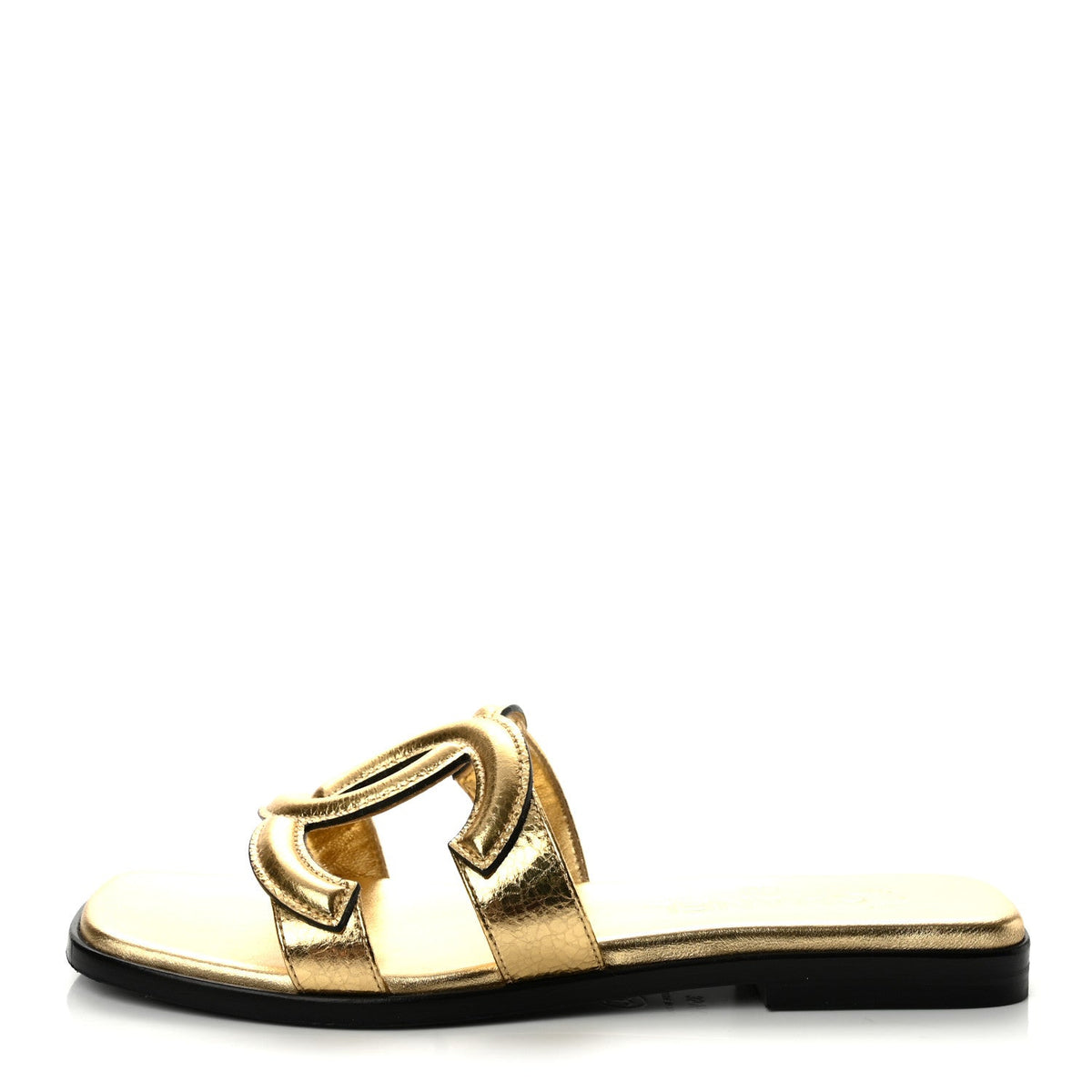 Crackled Laminated Calfskin CC Cut Out Mules Sandals 35.5 Gold