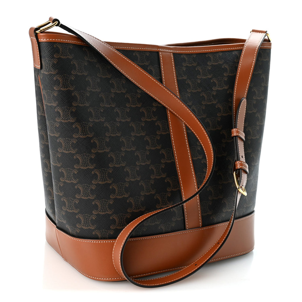 Triomphe Canvas Calfskin Medium Bucket Bag Tan