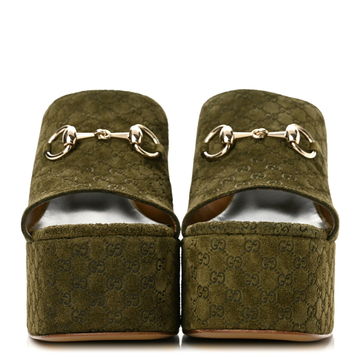 Suede GG Debossed Horsebit Wedge Sandals 39.5 Forest Green