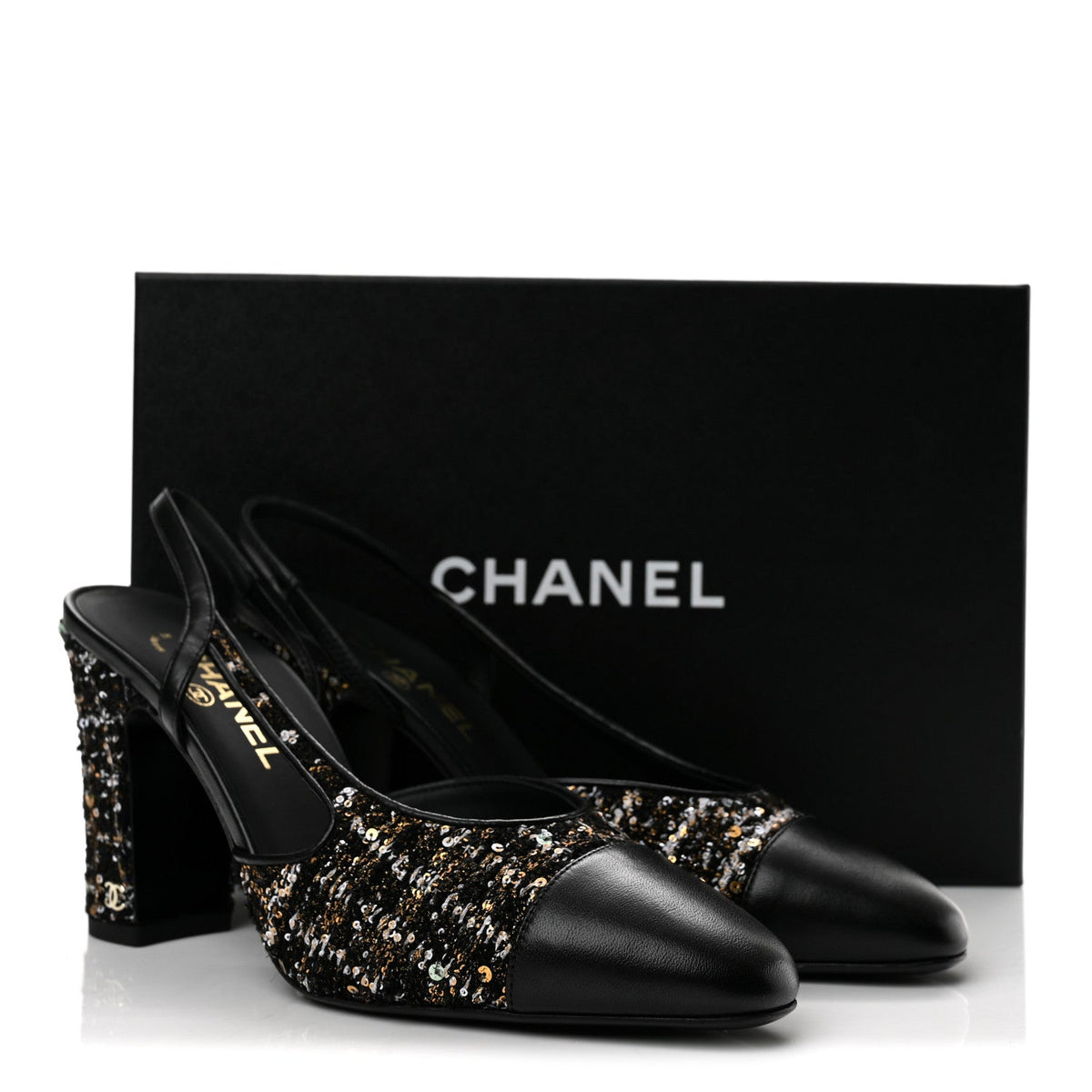 Glittered Wool Tweed Lambskin Cap Toe CC Slingback Pumps 40 Black White Gold