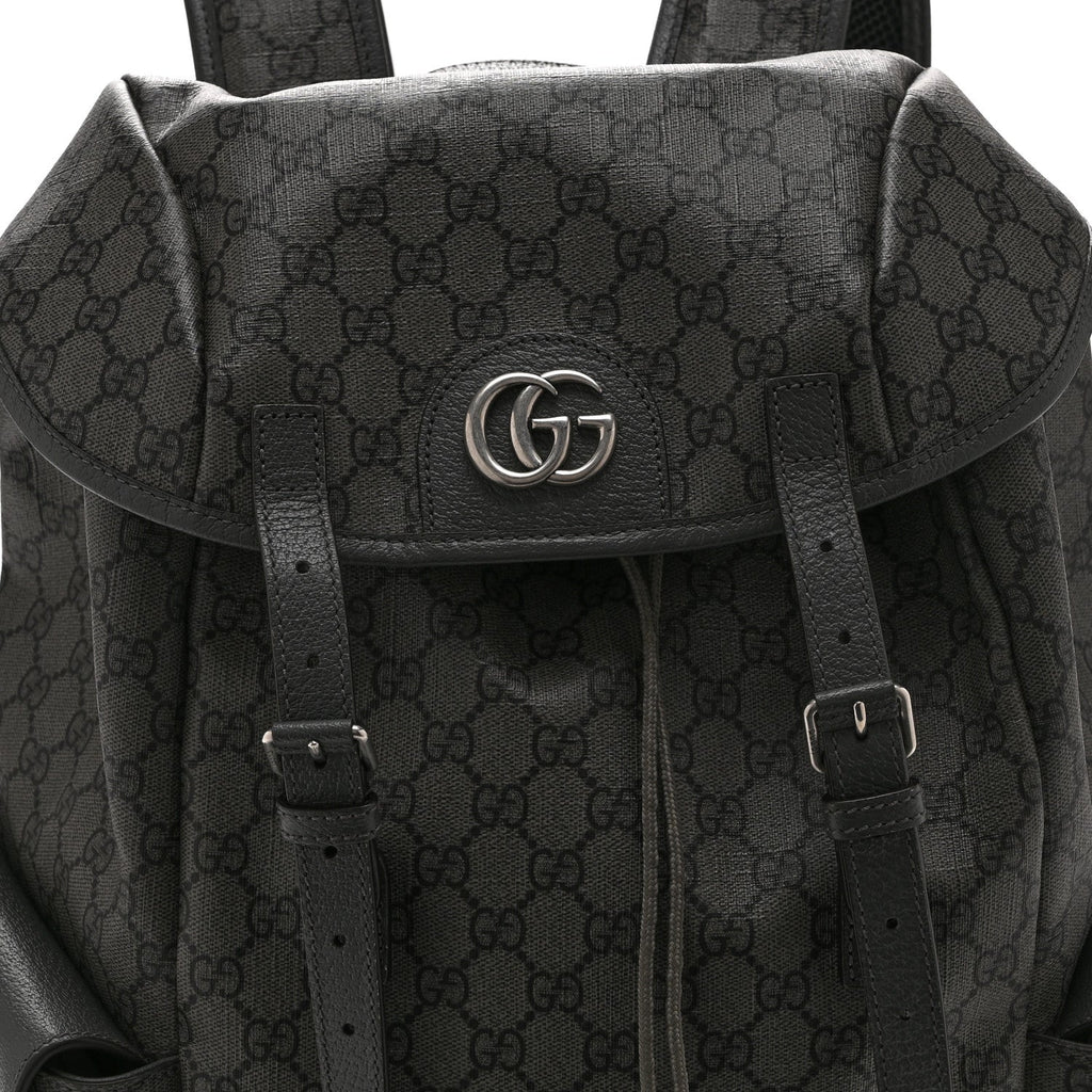 GG Supreme Monogram Textured Dollar Calfskin Medium Ophidia Double Buckle Backpack Grey Black Graphite Grey