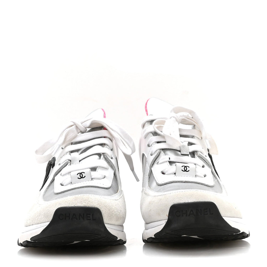 Calfskin Fabric Sneakers 37.5 White Silver Fluo Pink