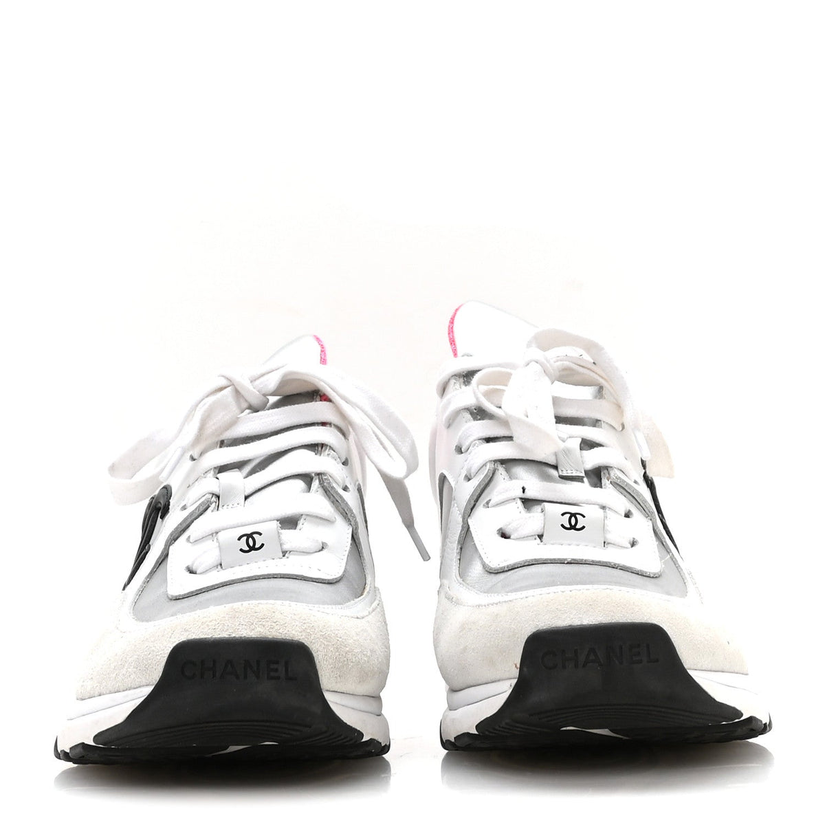 Calfskin Fabric Sneakers 37.5 White Silver Fluo Pink