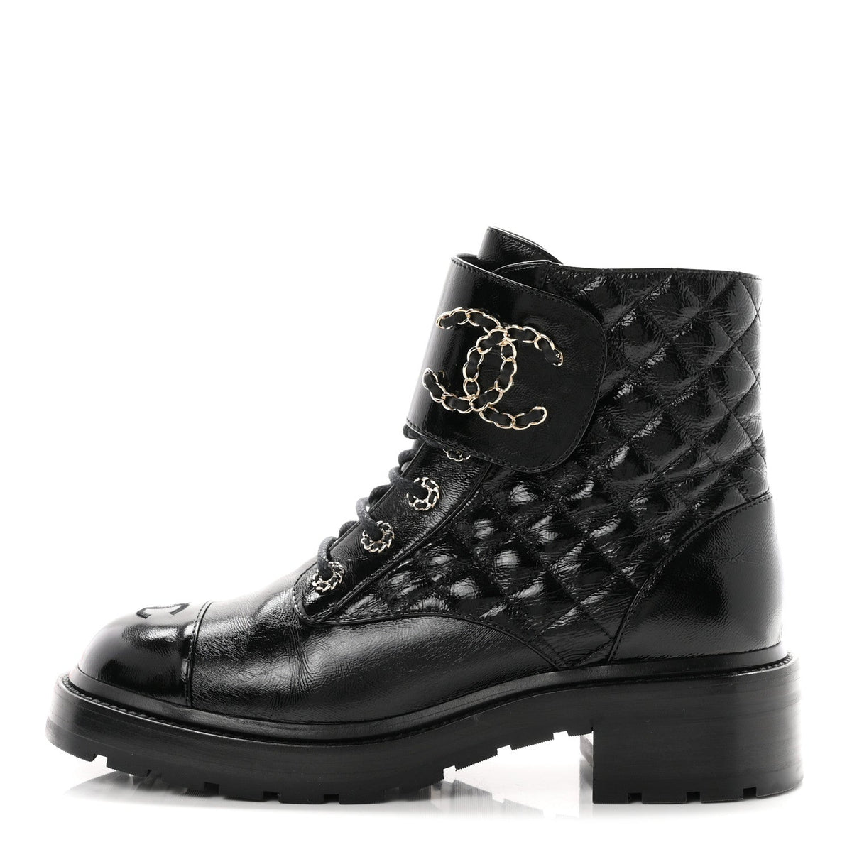 Shiny Calfskin Quilted Lace Up Combat Boots 40.5 Black