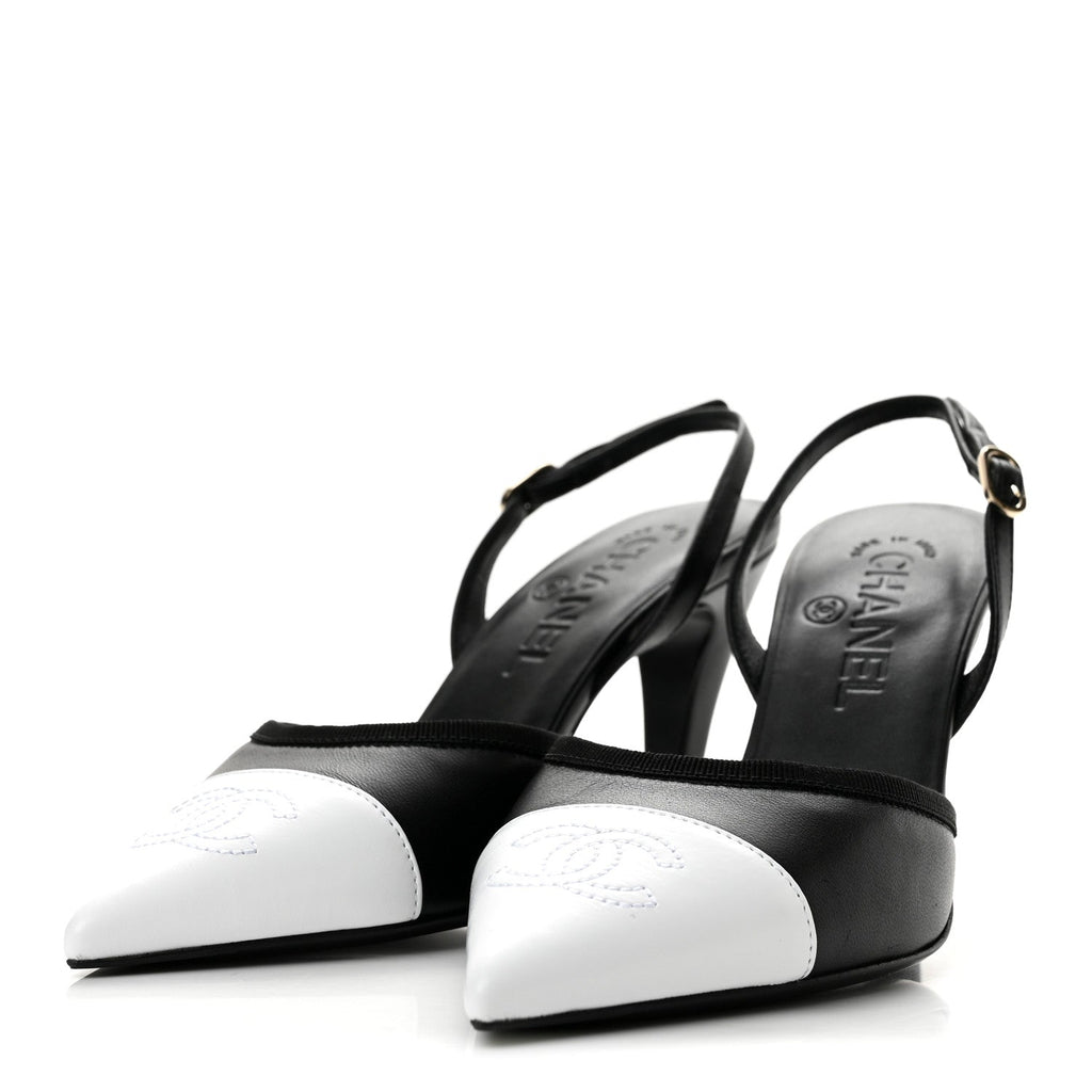 Lambskin Pointed Cap Toe CC Slingback Pumps 36 Black White