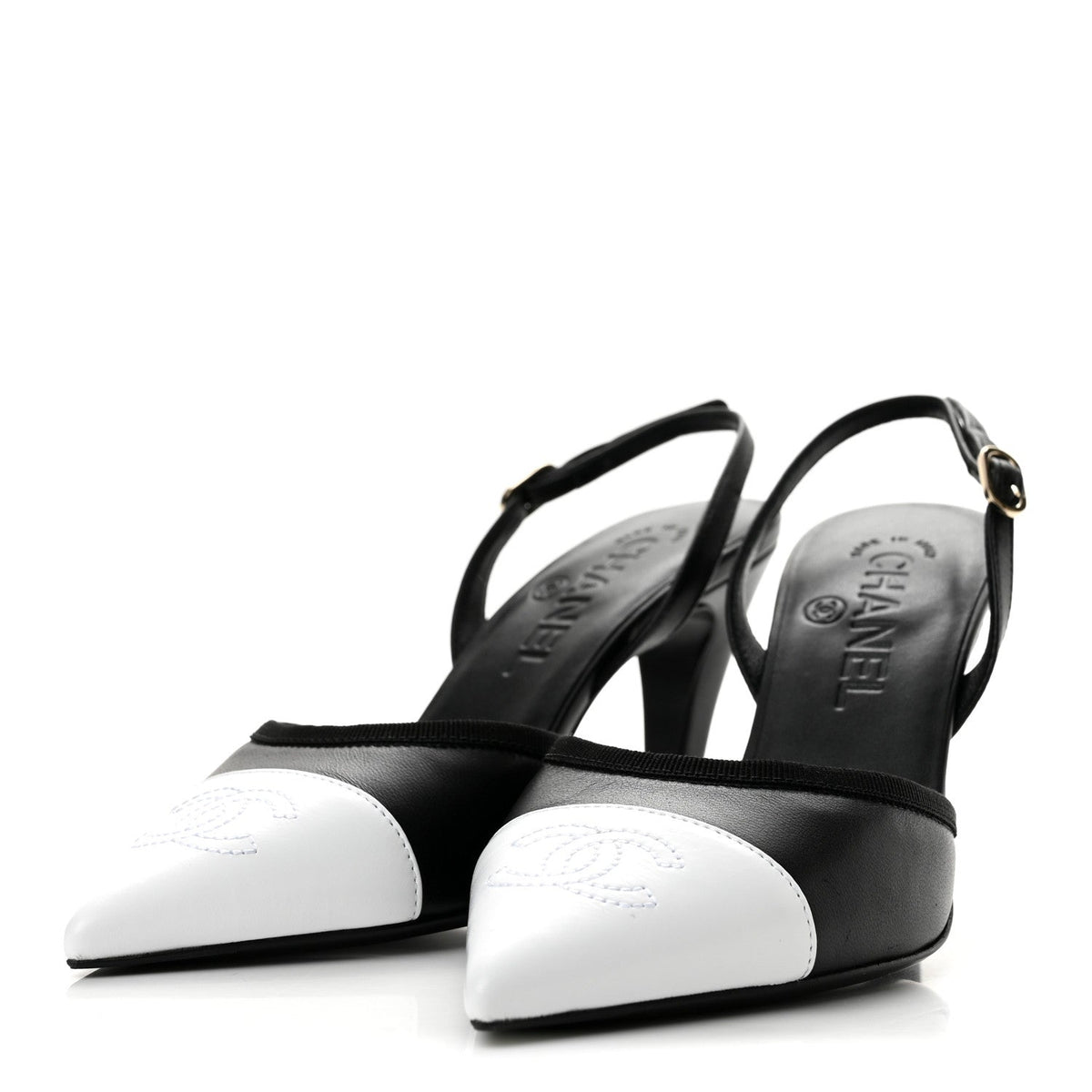 Lambskin Pointed Cap Toe CC Slingback Pumps 36 Black White