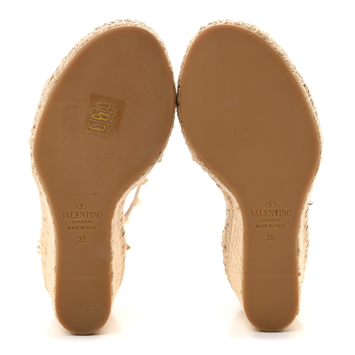 Grained Calfskin Rockstud Ankle Strap Espadrille 15/105mm Wedge Sandals 35 Light Ivory Natural