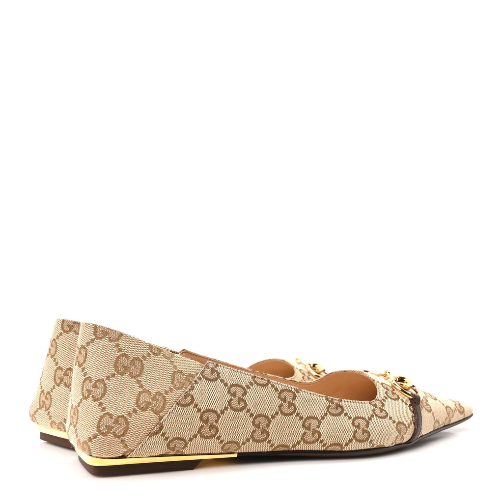 GG Monogram Horsebit Bow Ballet Flats 38 Beige Ebony Sundial