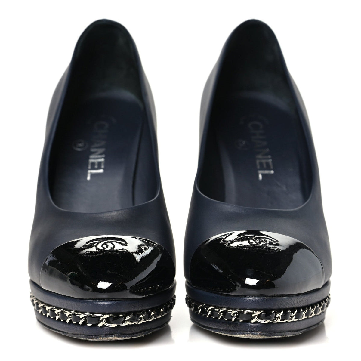 Calfskin Patent CC Cap Toe Platform Chain Pumps 38.5 Navy Black