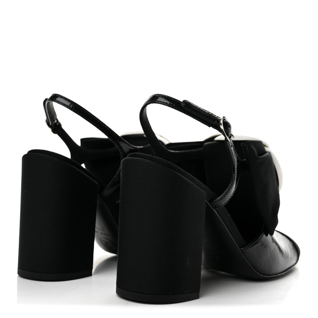 Crumpled Shiny Fabric Grosgrain Cap Toe Camellia Bow Slingback Pumps 37.5 Black