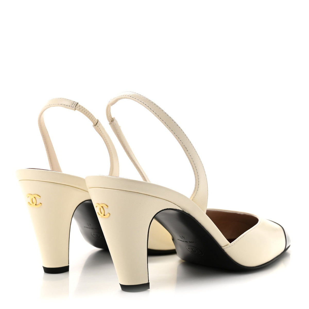 Lambskin Patent Calfskin Cap Toe CC Slingback Pumps 41 Ivory Black