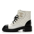 Shiny Lambskin Quilted Lace Up Combat Boots 38 White Black