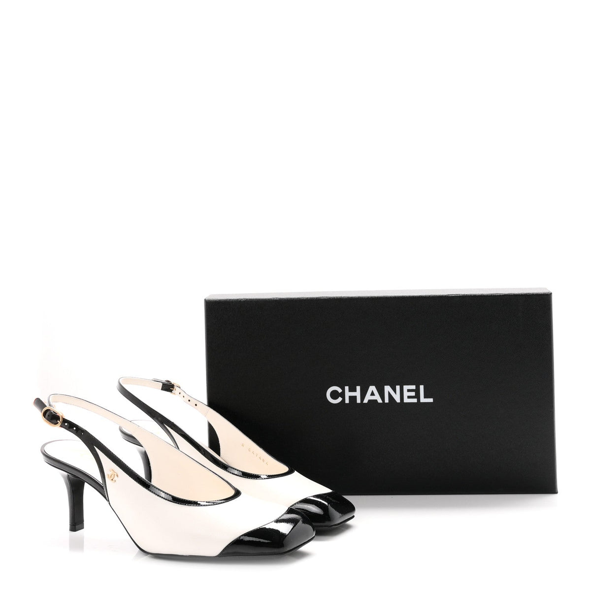 Lambskin Patent Calfskin Cap Toe CC Slingback Pumps 38 White Black