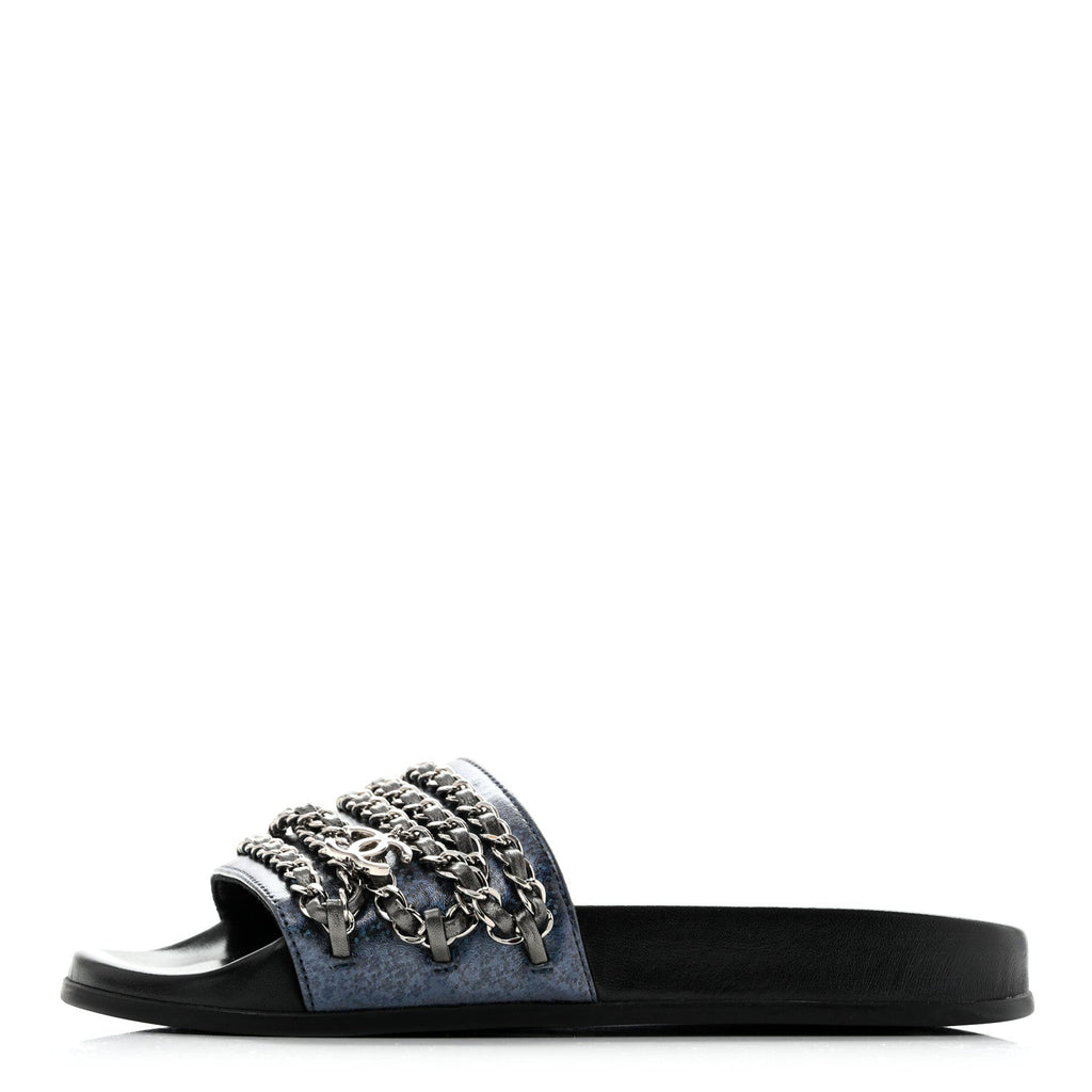 Fantasy Lambskin Chain Slides Sandals Flats 35 Blue