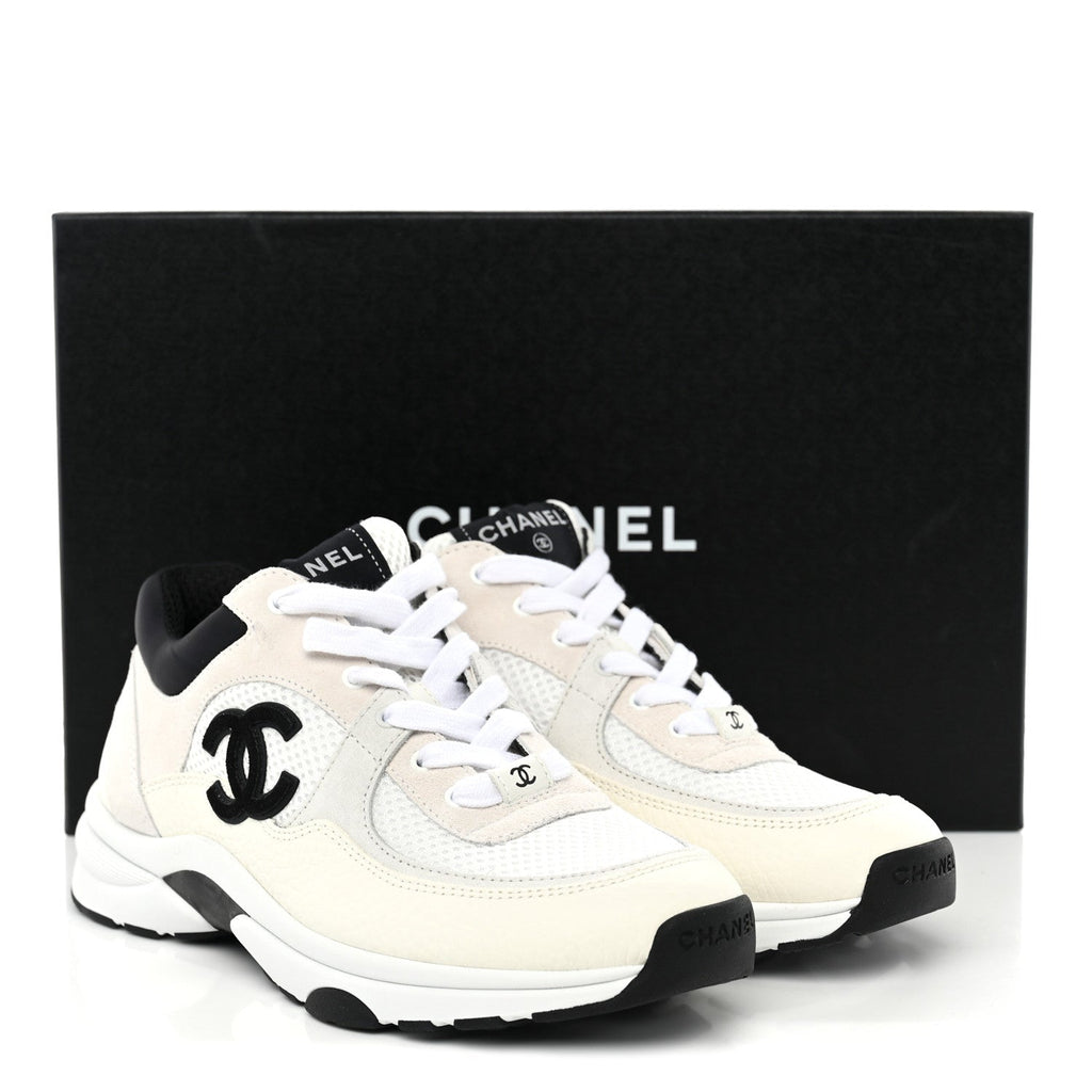 Mesh Suede Grained Calfskin Womens CC Sneakers 39.5 White Black