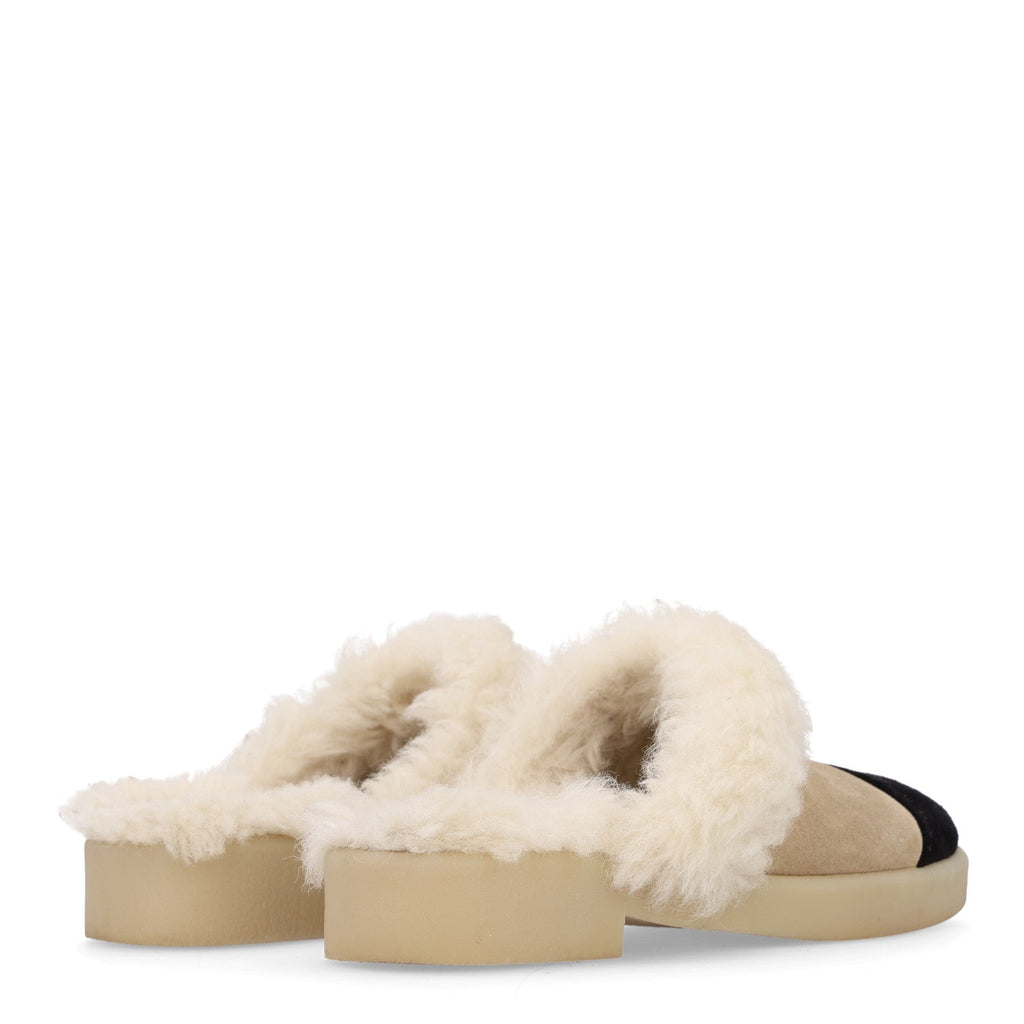 Suede Shearling CC Cap Toe Mules 37 Beige Black