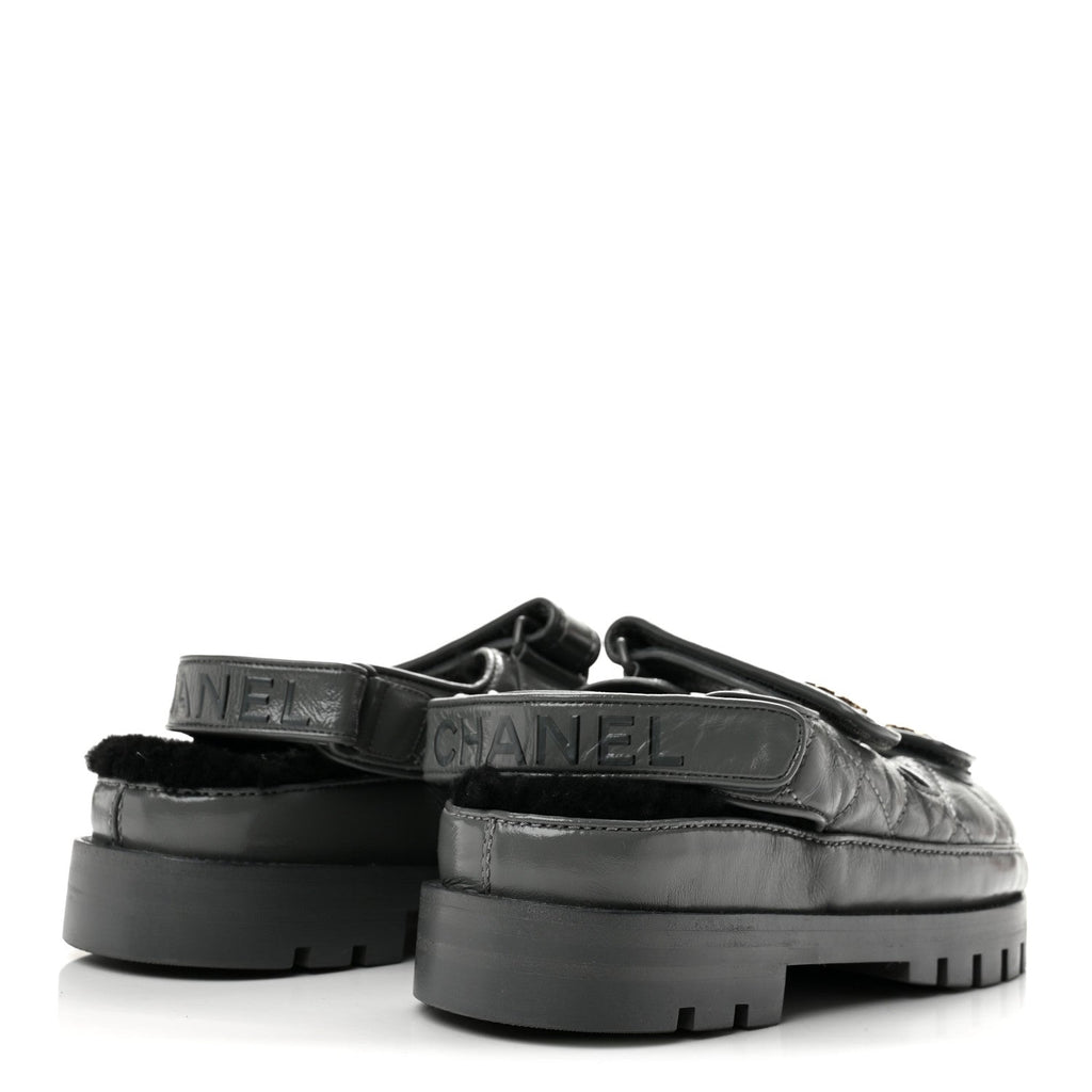 Laminated Lambskin Shearling Crystal CC Velcro Dad Platform Sandals 36 Dark Grey Black