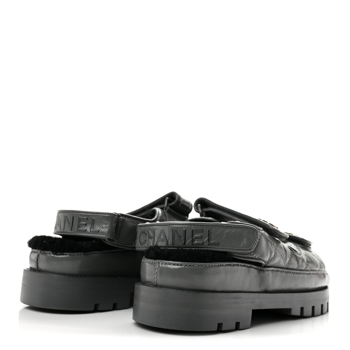 Laminated Lambskin Shearling Crystal CC Velcro Dad Platform Sandals 36 Dark Grey Black