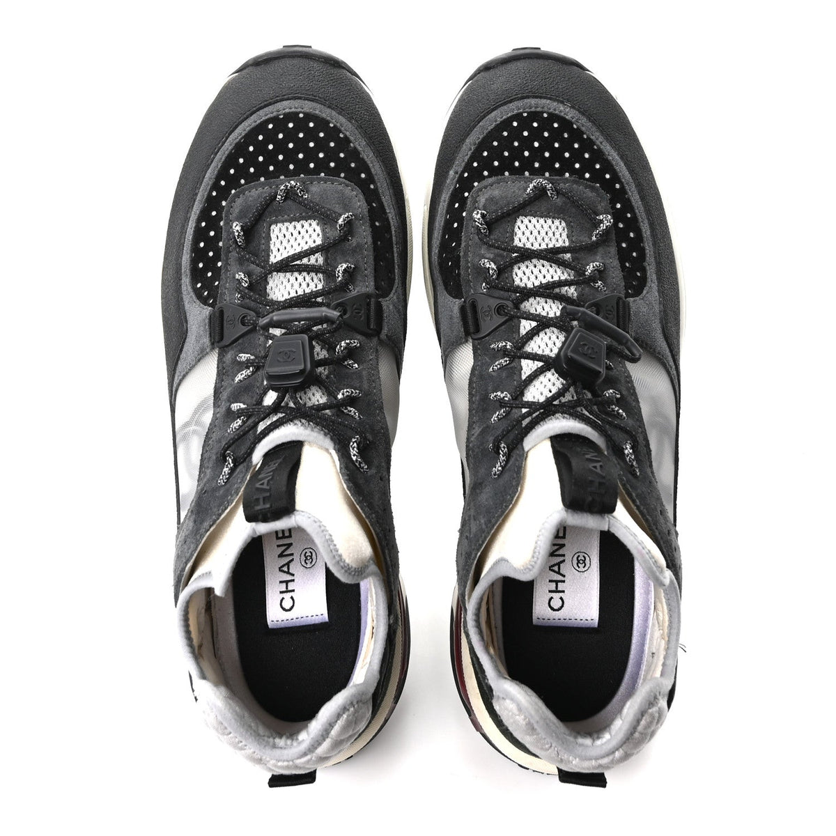 Fabric Suede Calfskin Mesh Womens CC Sneakers 40.5 Black Dark Grey White Light Grey