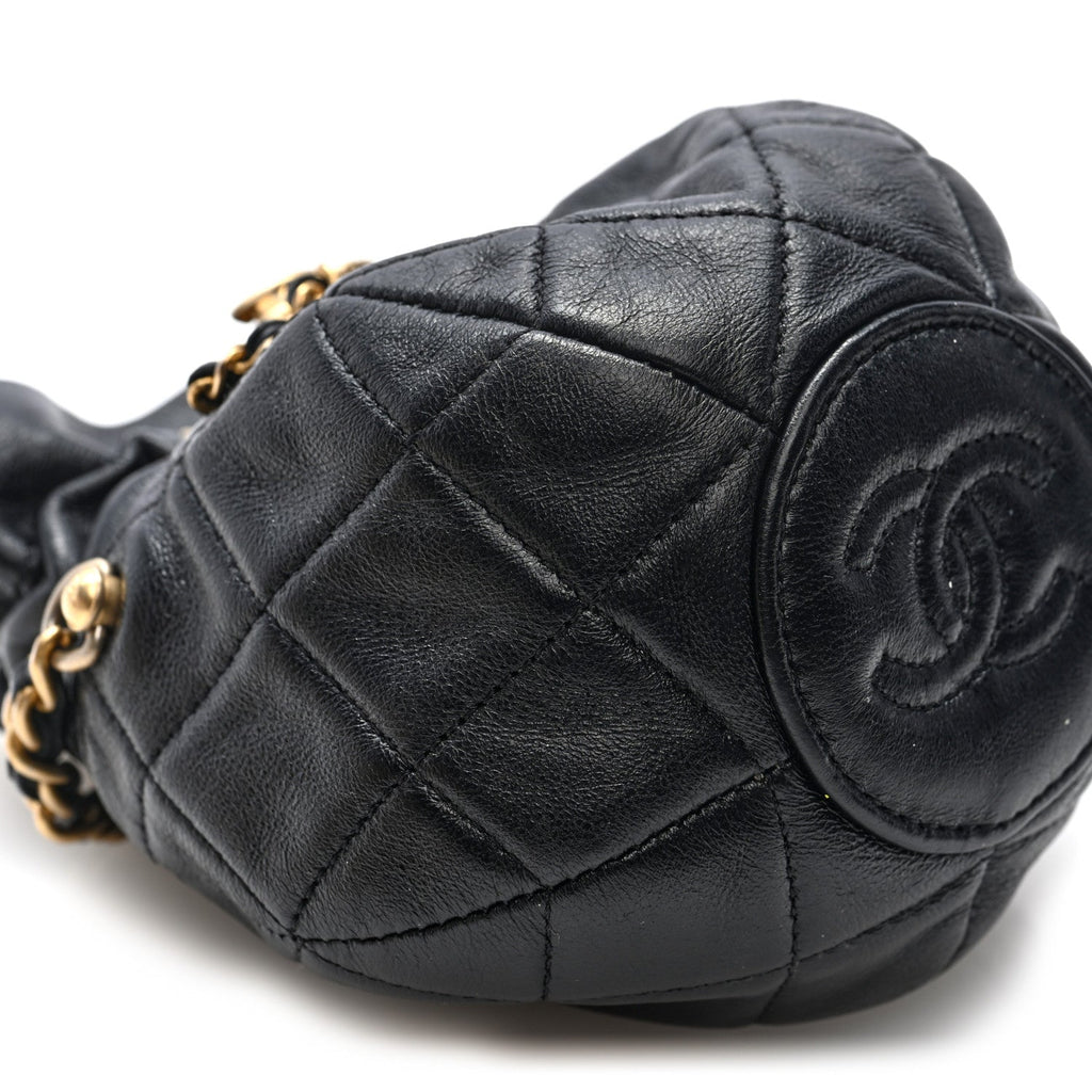 Shiny Lambskin Quilted Mini Drawstring CC Bucket Bag Black