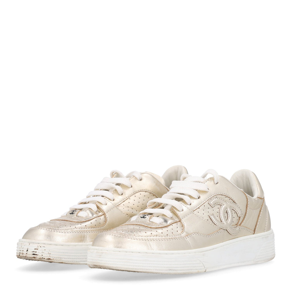 Laminated Calfskin CC Womens Sneakers 38.5 Golden
