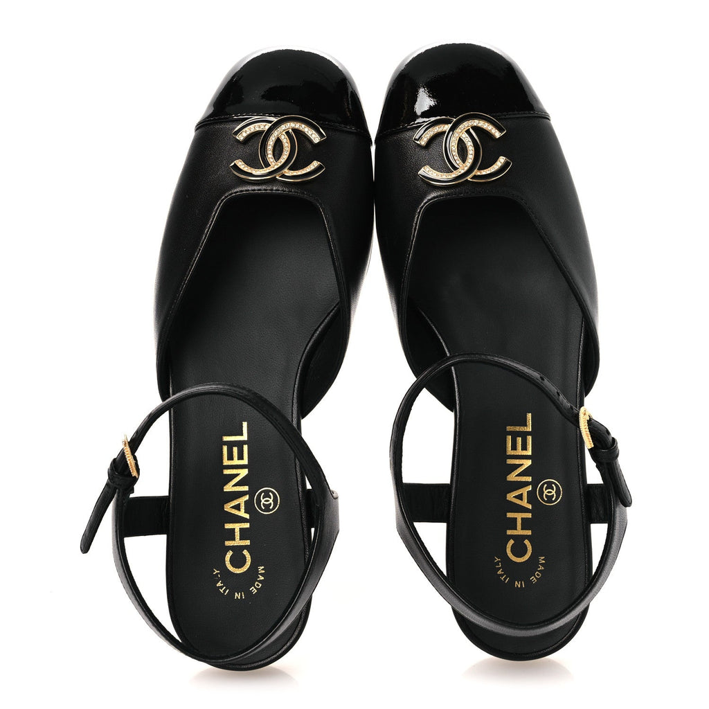Lambskin Patent Cap Toe Crystal Enamel CC Mary Jane Slingback Flats 36 Black