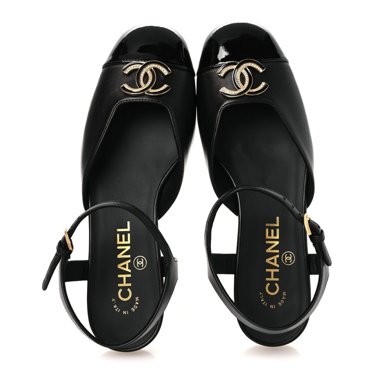 Lambskin Patent Cap Toe Crystal Enamel CC Mary Jane Slingback Flats 36 Black