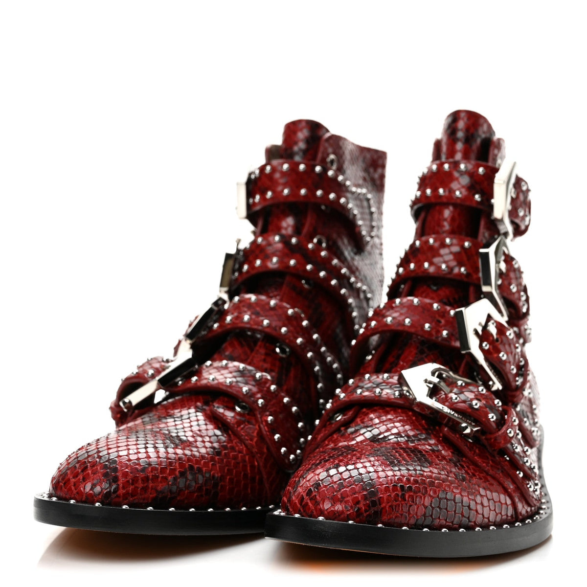 Calfskin Snakeskin Embossed Studded Elegant Flat Ankle Boots 38.5 Red