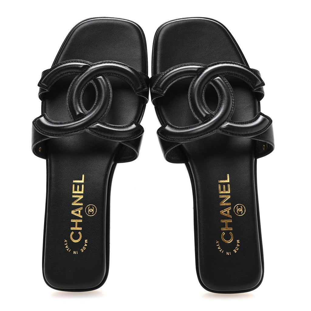 Lambskin CC Cut Out Mules Sandals 36 Black