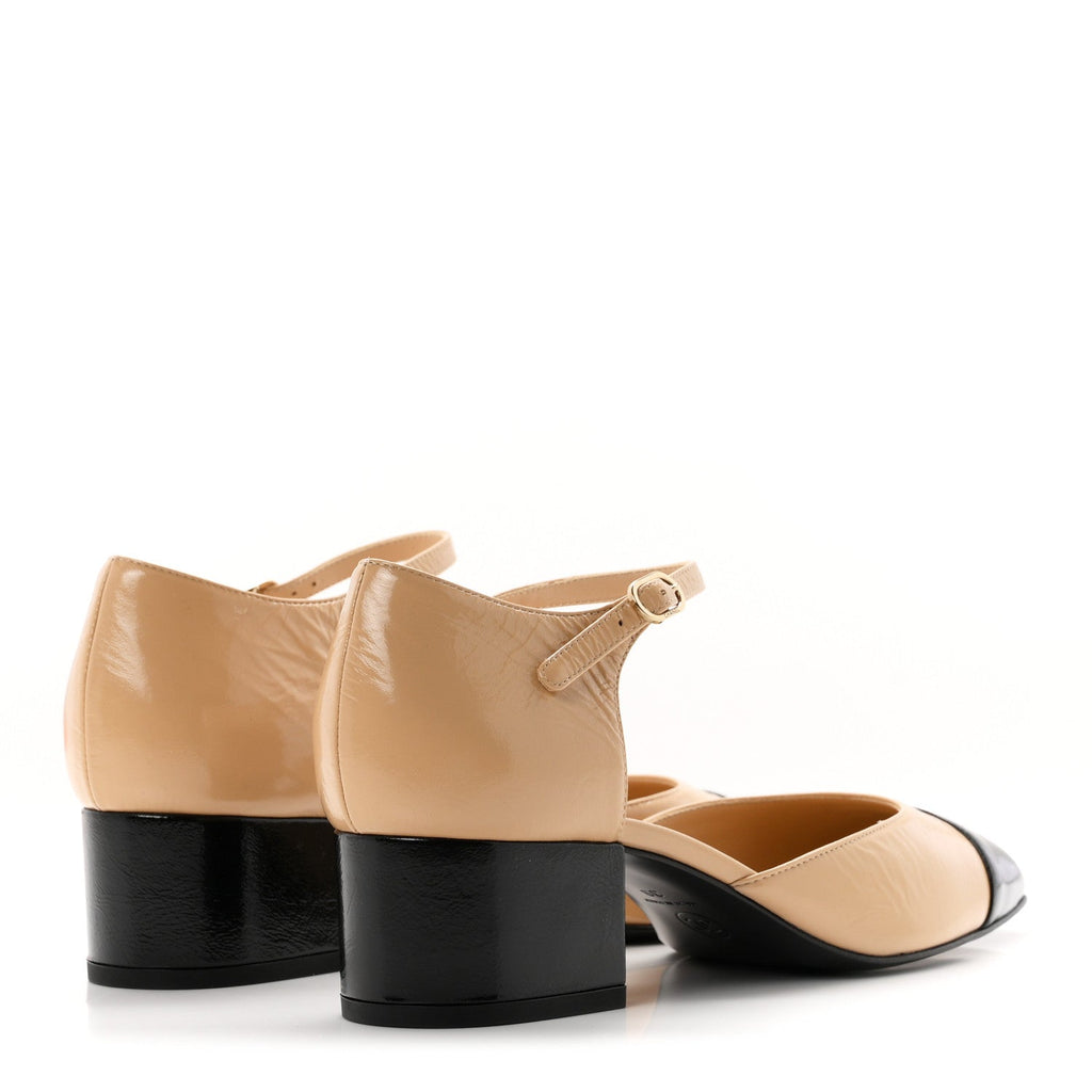 Shiny Lambskin CC Cap Toe Mary Janes Pumps 39 Beige Black