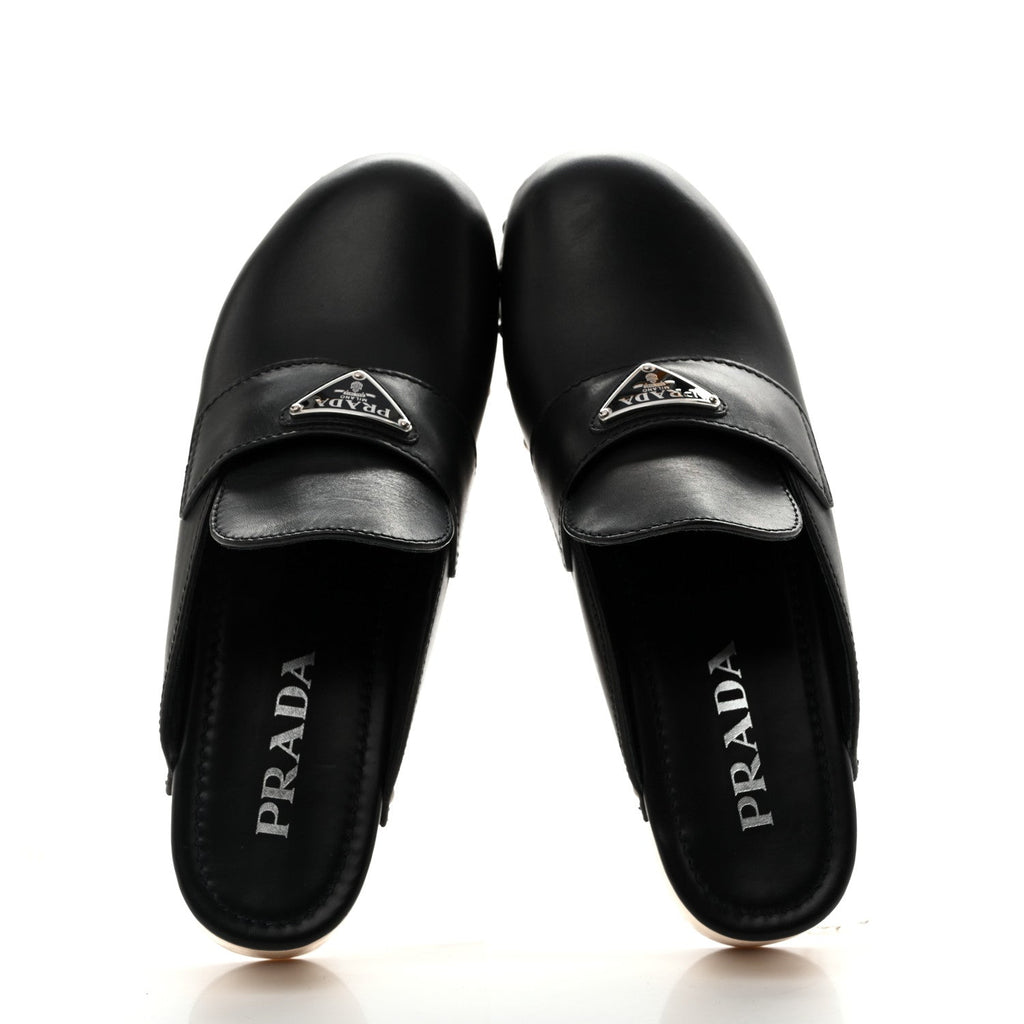 Natural Calfskin Metal Triangle Logo 45mm Clogs 40 Black Sabbia