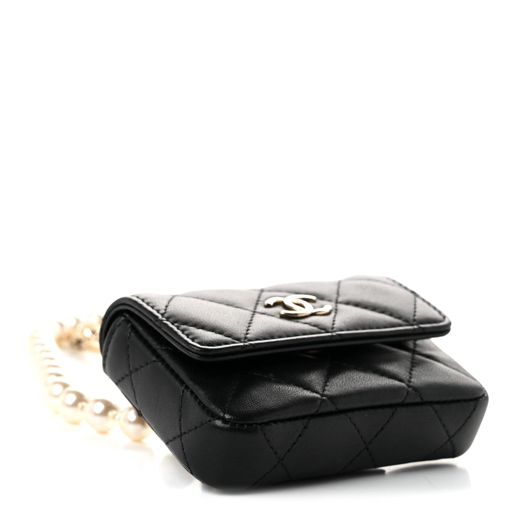Lambskin Quilted Pearl Chain Belt Bag Black