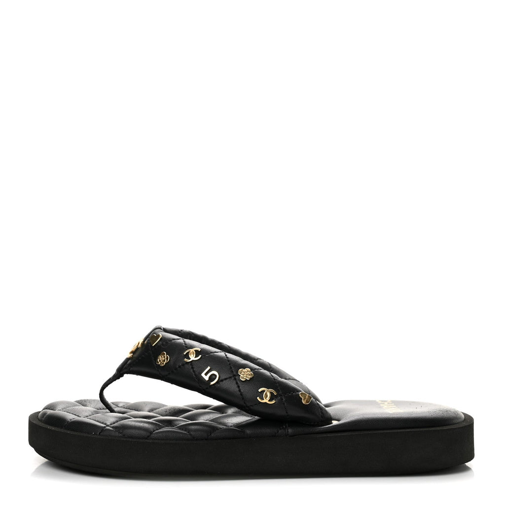 Lambskin Quilted Padded Charms Thong Sandals 38 Black