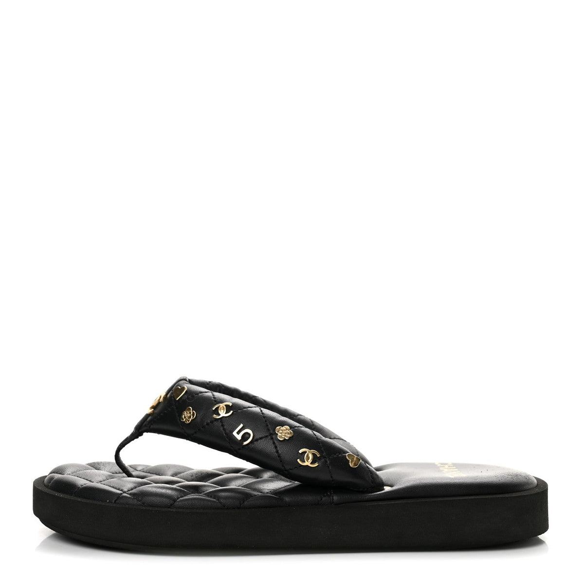 Lambskin Quilted Padded Charms Thong Sandals 38 Black