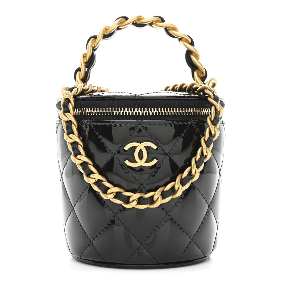 Patent Quilted Afternoon Tea Top Handle Vanity Case With Chain Black